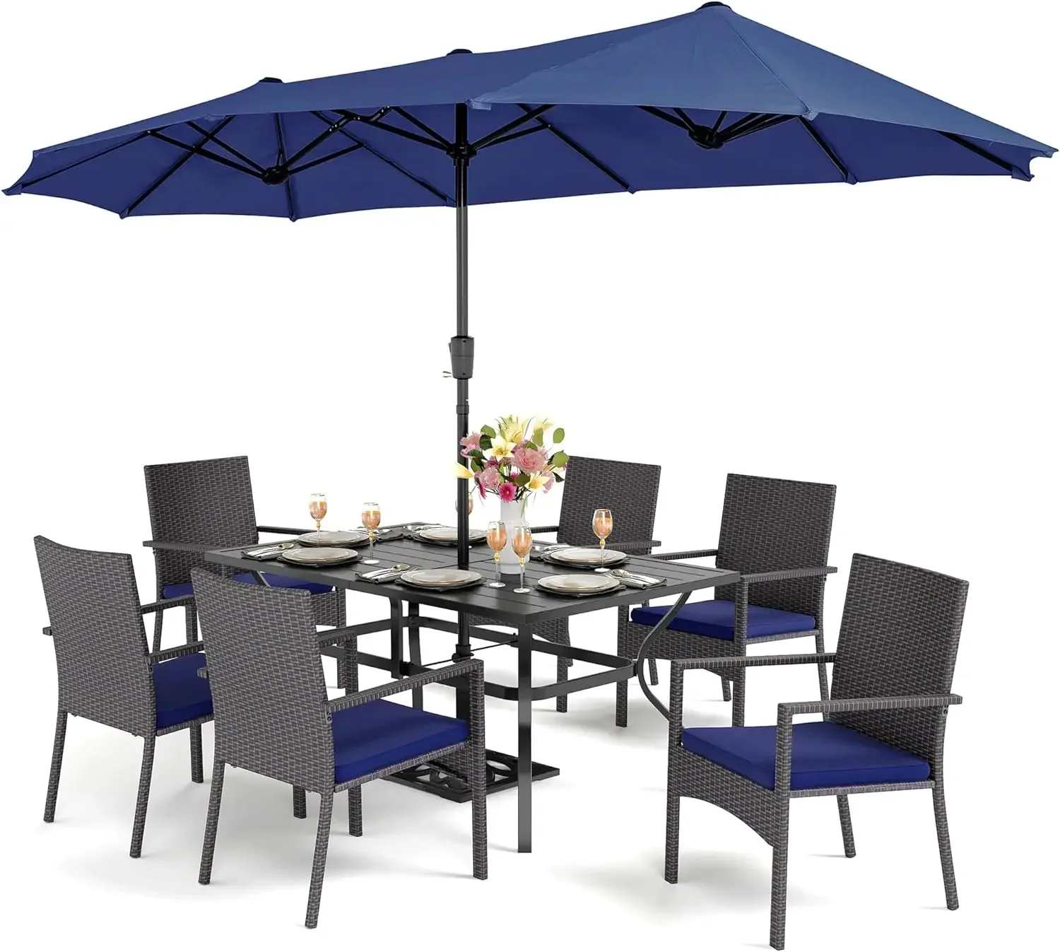 

5/7 Piece Patio Dining Furniture Set with Umbrella, 60” Rectangular Metal Dining Table & Cushioned Rattan Wicker Chairs