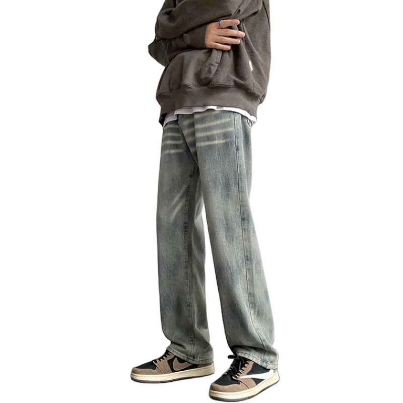 Trendy Vintage Wave Print Tie-dyeing Water-washed Blue Distressed Straight Leg Jeans for Men, American High Street Style