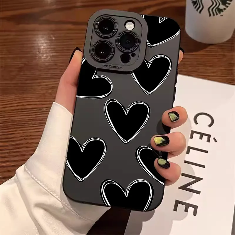 Luxury Black Love Heart Silicone Phone Case for Xiaomi Redmi 14C 12C 13C 4G Redmi Note 13 12 11 Pro Plus 5G 12S 11S 11 10S Cover