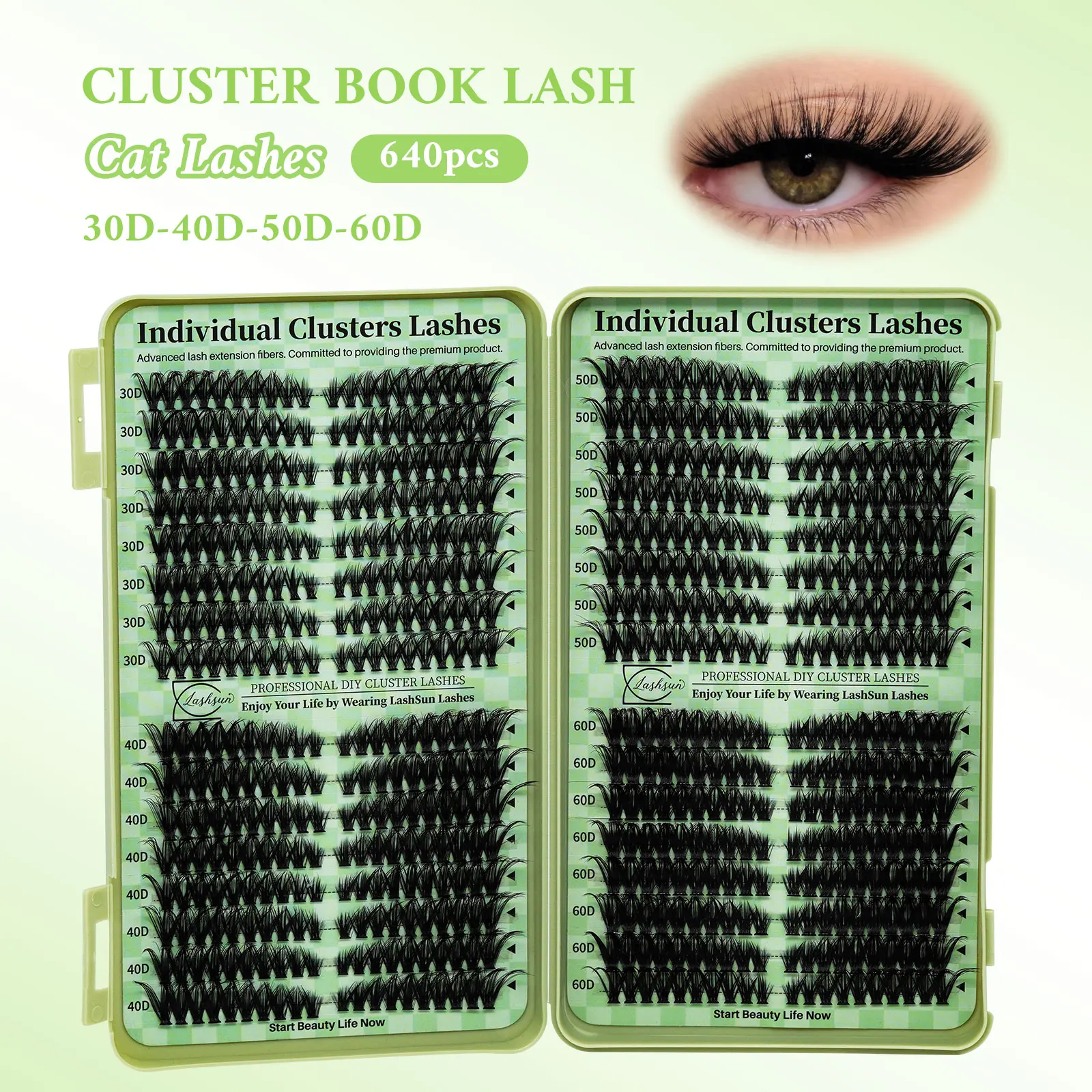 LASHSUN 640 Uds 30D40D50D60D libro de grupos de pestañas de gato DlY grapadores de extensiones de pestañas libro de pestañas D Curl LASH Mega volumen Individua