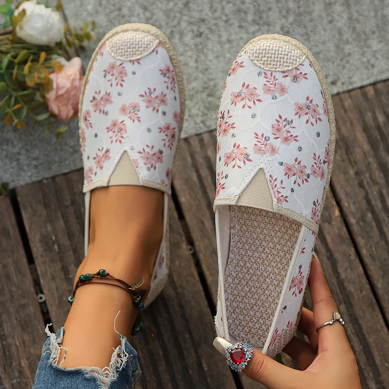 Breathable Canvas Flats Women Fashion Flowers Print Non-Slip Espadrille Shoes for Woman Autumn Comfort Flat Heel Casual Shoes