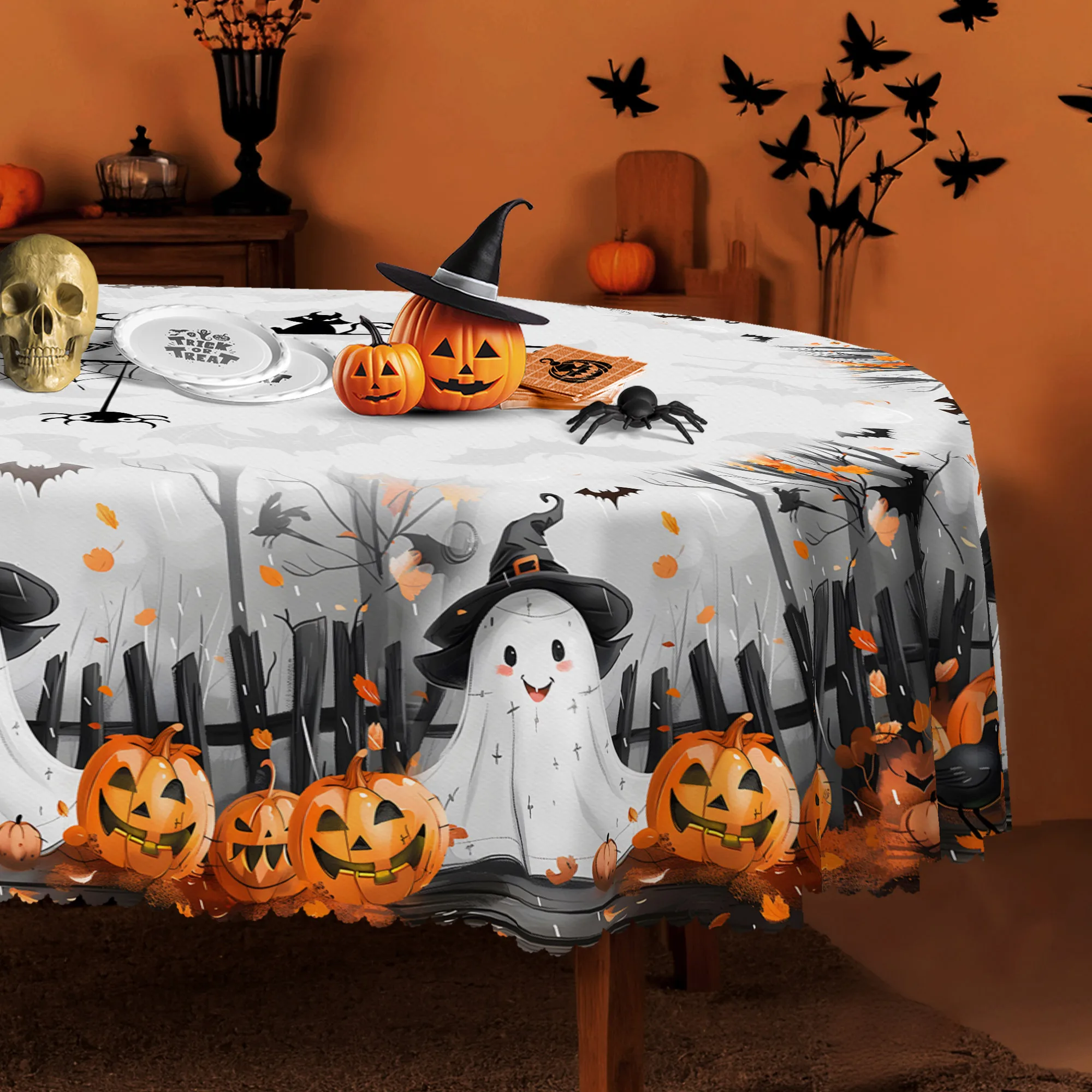 Happy Halloween tablecloth, vintage pumpkin, ghost, crow, forest fence, perfect Halloween and All Souls' Day decoration.