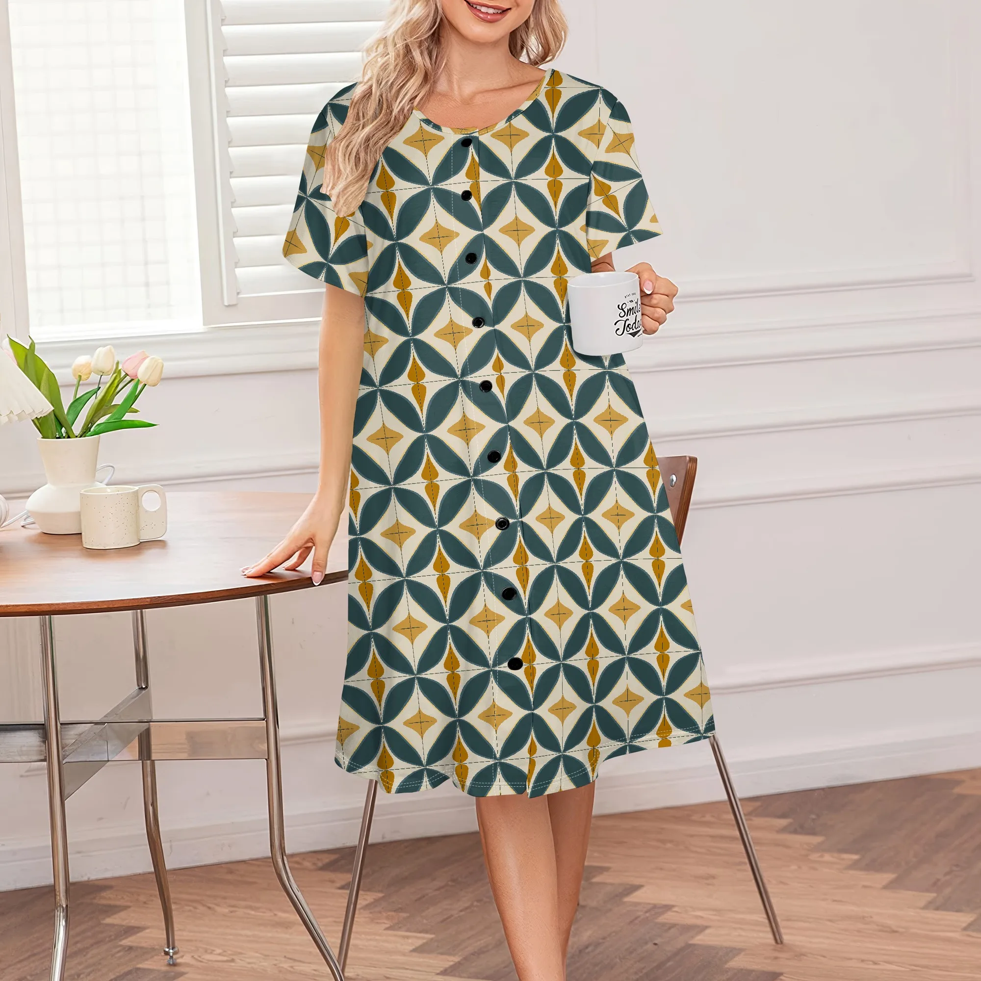

Comfortable House Dress for Women, Geometric Print, Button Front, S-3XL Casual Home