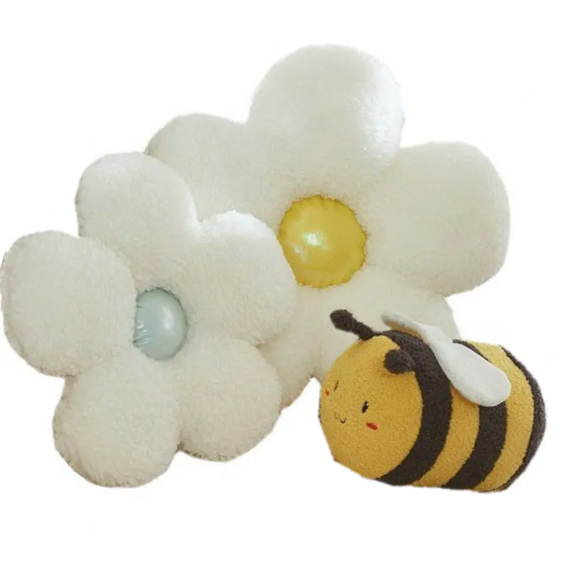 Super Soft White Flower Pillow Stuffed Lifelike Nordic Flower Decor Cushion Soft Cartoon Bees Plush Toy Sunflower Pillow for Her