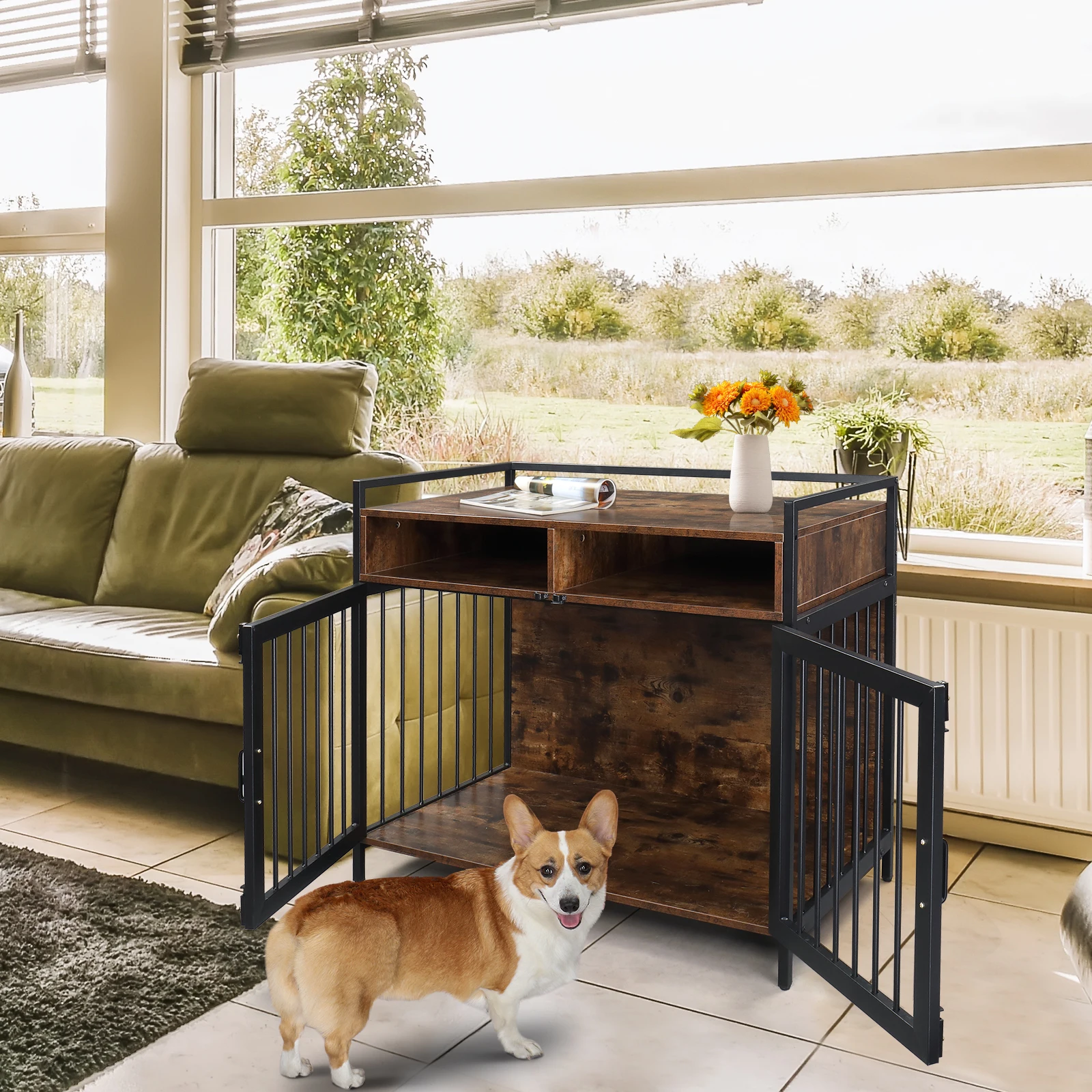 Rotten wood colored steel pipe 41 inch 104 * 60 * 92cm double door single compartment table with storage dog cage