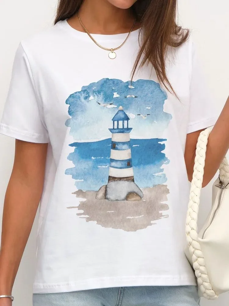 

European And American Style Pure Cotton New Trend Summer Cartoon Lighthouse Print Loose Casual Women's Short Sleeved Shirt