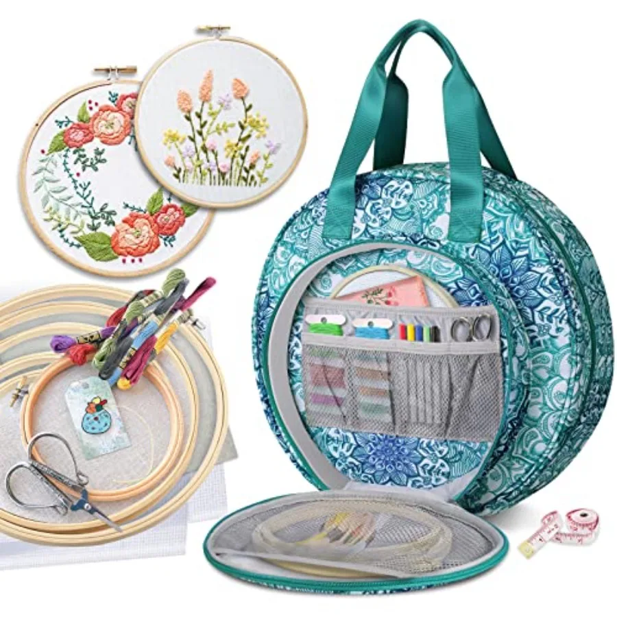 

Embroidery Project Bag Embroidery Supplies Storage Carrying Tote Case with Multiple Pockets for Floss Hoops Thread Stitch Tools