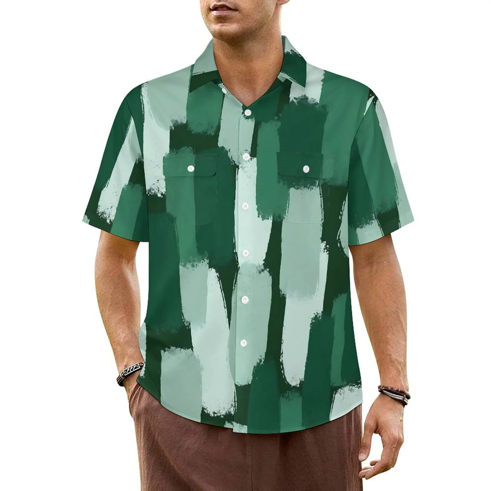 

Paint Brush Casual Shirt Abstract Green Trendy Hawaii Shirts Man Short Sleeve Beach Comfortable Pattern Oversize Blouses