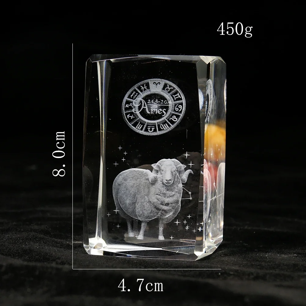 80mm Laser Engraving 3D Zodiac Signs Sagittarius Virgo Prism Glass Crystal Ornament Paperweight Craft Jewelry Display Base Decor