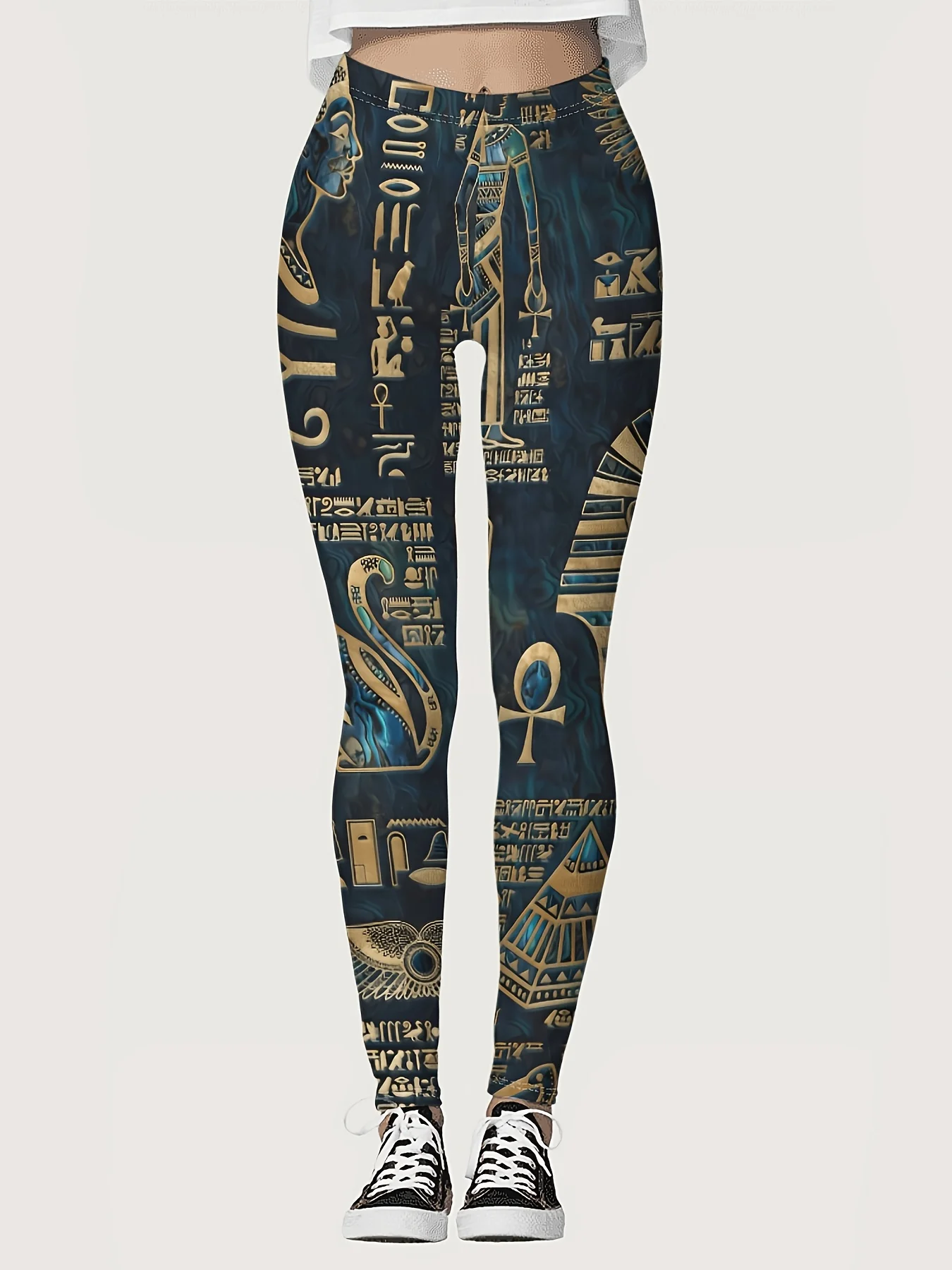Women Mid‑Waist Fleece Lined Leggings, Ancient Egypt Hieroglyphs Retro Print, Slim Warm Ethnic Street Casual Daily Pants