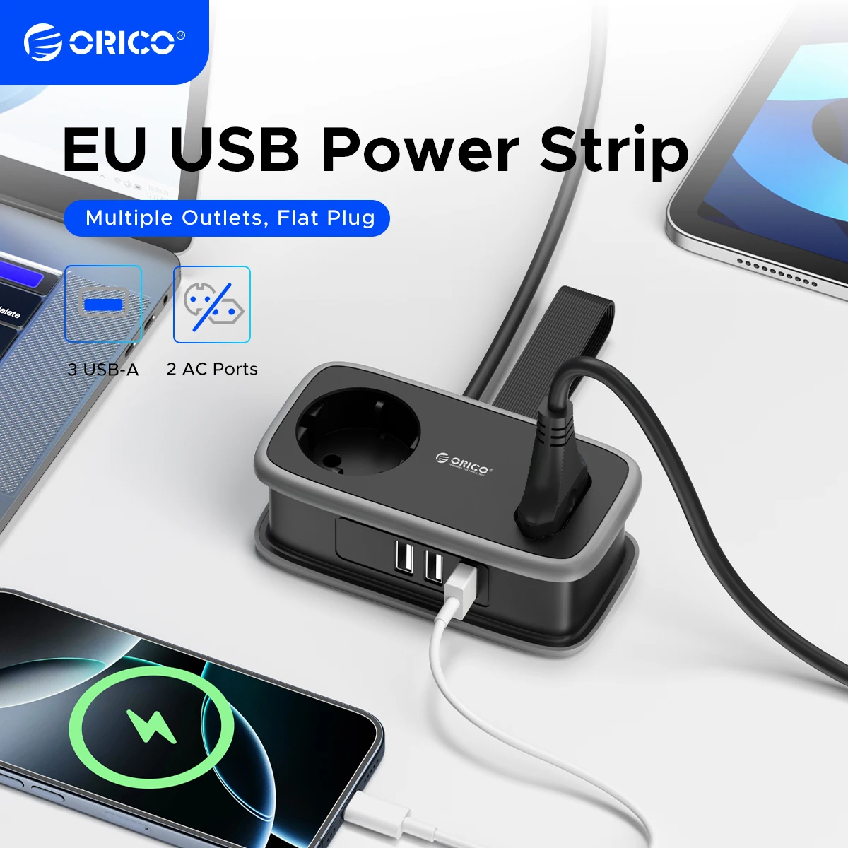 ORICO APP 5-in-1 Travel Smart Socket EU Plug Power Outlet with 3A3U Port with 1.1M Extension Cord for Home/Travel, Space Saving