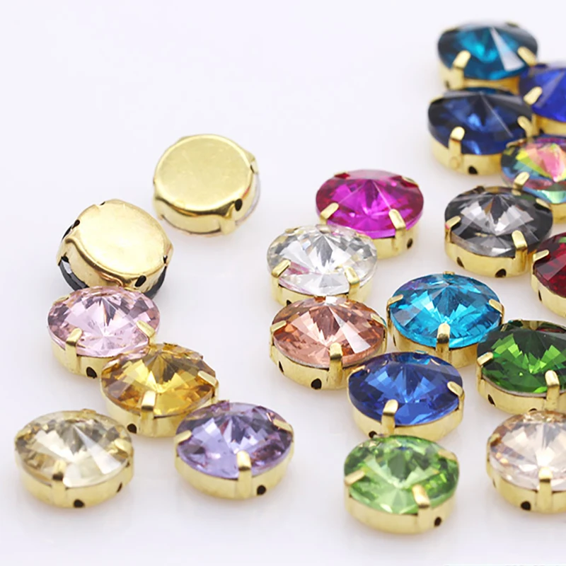 24Colors 6/8/10/12/14/16/18/25MM Rivoli Round Sew on Rhinestone Crystal With Golden Button For Garments Jewelry Shoes Diy Trims