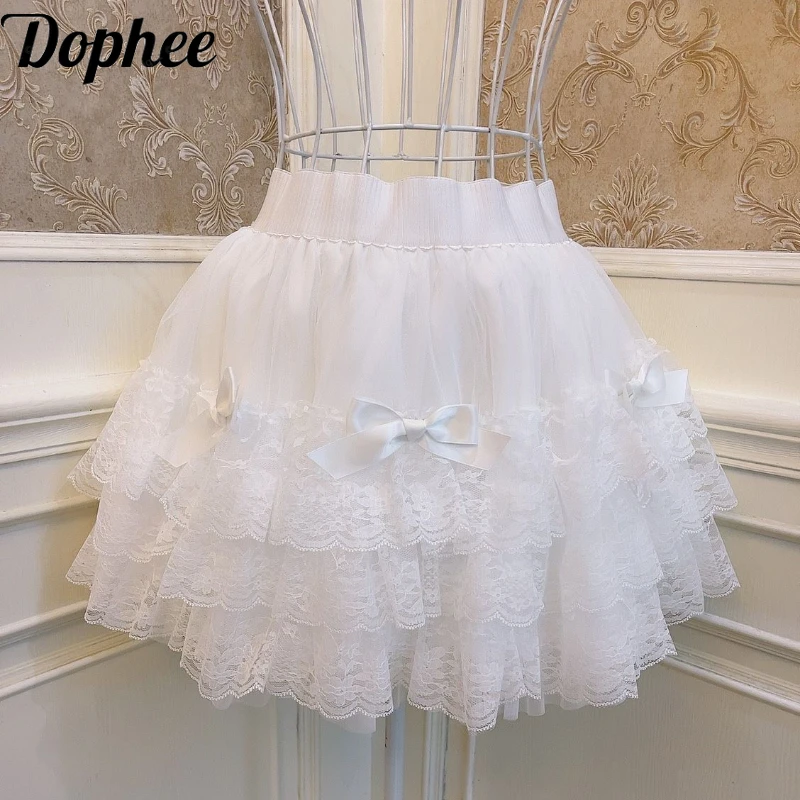 

Dophee Original Lolita Princess Bow Cake Skirt All-match Bottom Skirts Elegant Ruffles Lace Splicing Sweet Girls Shorts Skirts