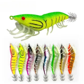 8Pcs Luminous Squid Hooks with Rattle Beads Shrimp Baits Sea Fishing Lobster Vivid Baits F