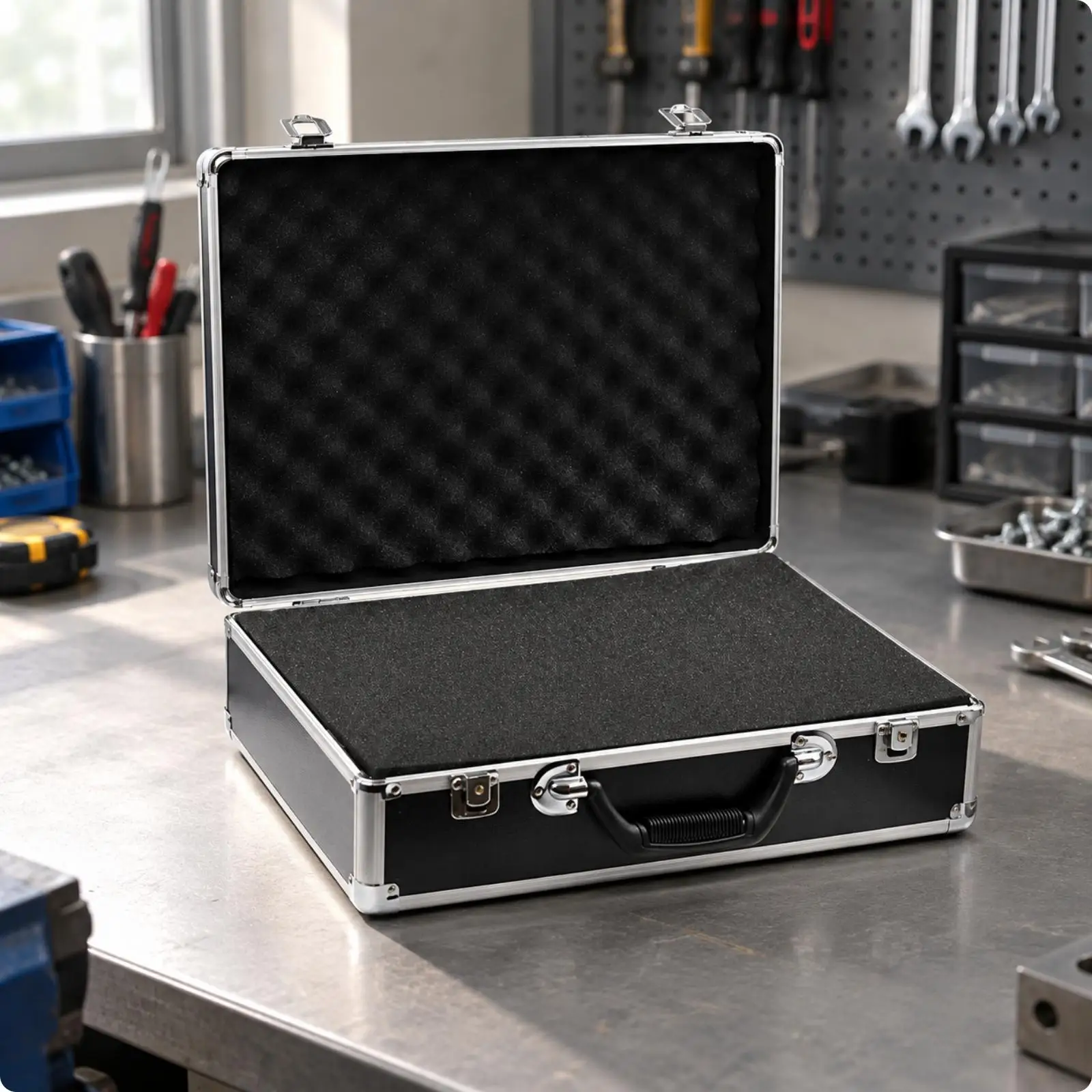 Black Aluminum Alloy Equipment Storage Case with Pre Cut Foam Interior for Tools and Instruments