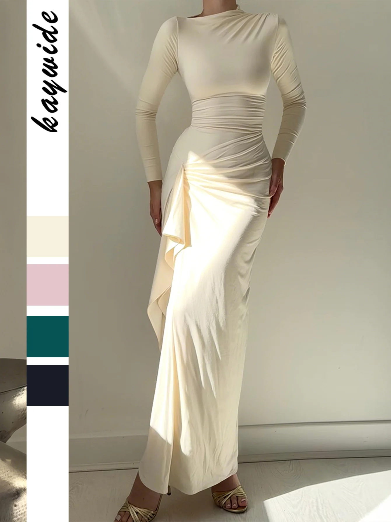 Robes femmes robe élégante pour la fête printemps Satin perle incrustée froncé côté fente Midi Banquet français exquis minimaliste dame