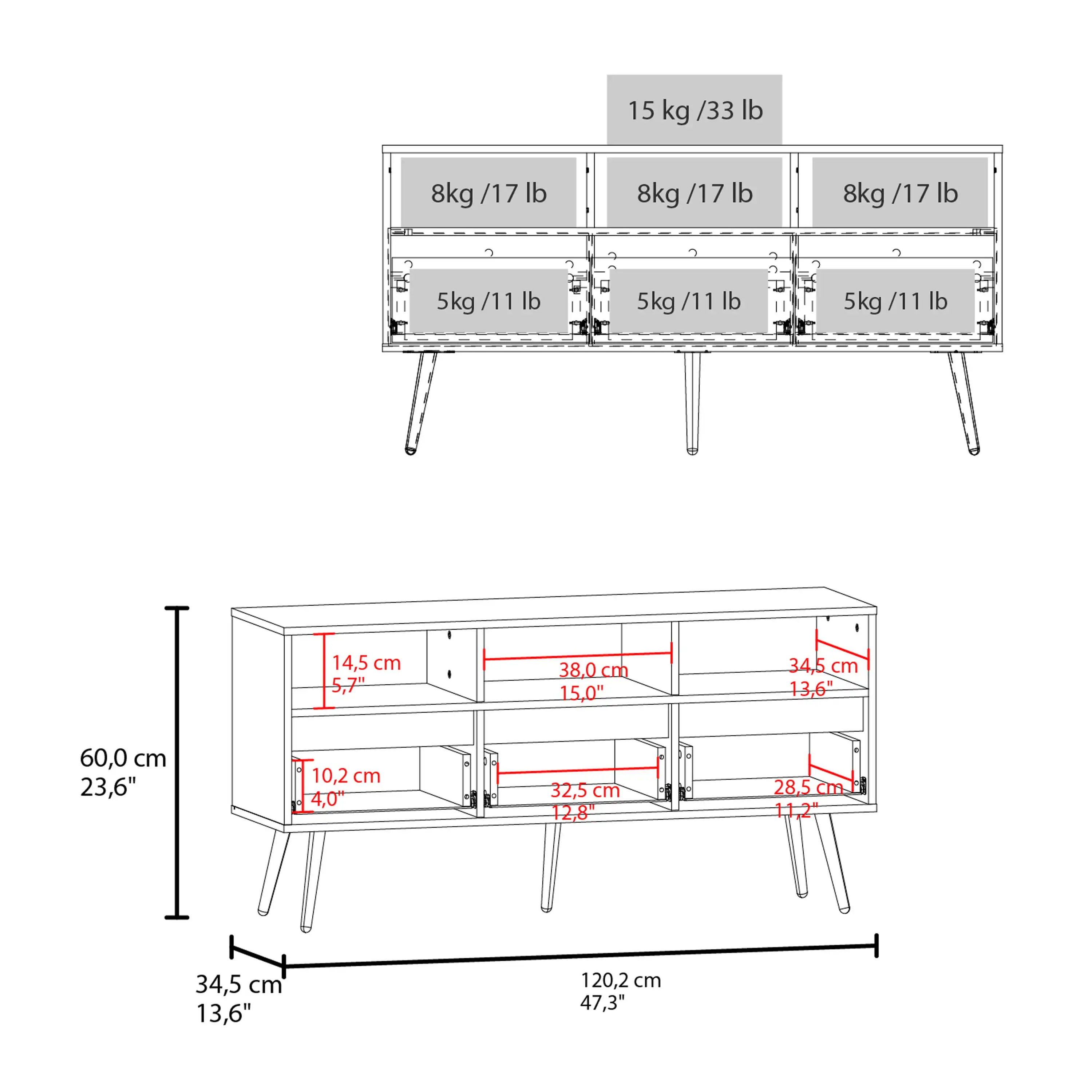 Barrow TV-meubel, 3 lades, 3 planken