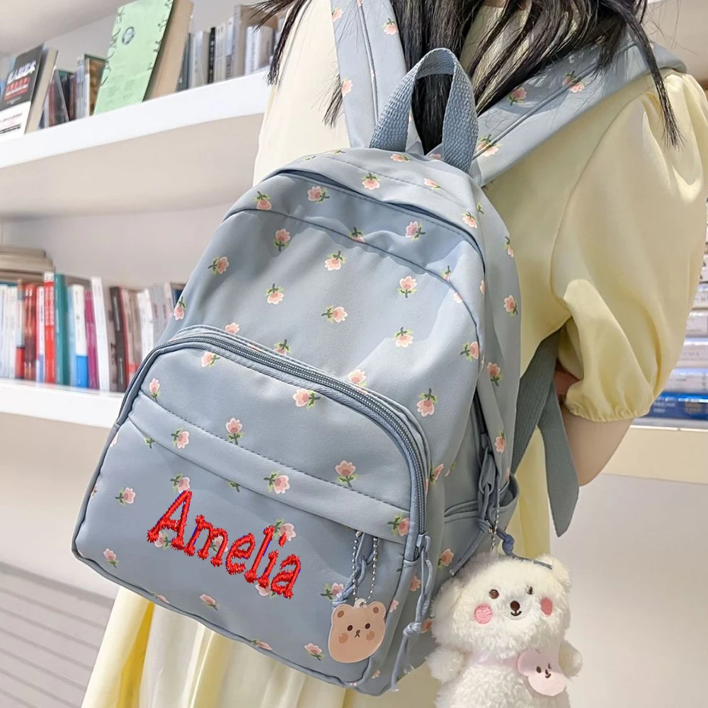 Floral Backpack Personalised Embroidery Name Kawaii Girls Casual Daypack Ladies Rucksack Unique Gift for Young Ladies Handbags