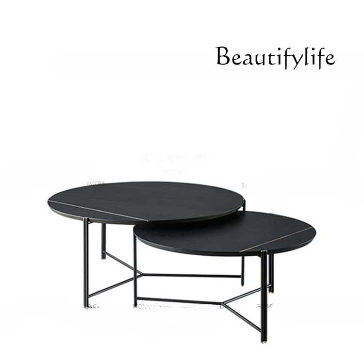 round Solid Wood Tea Table Suit Creative Iron Modern Black Old Set Several Combinations Side Table