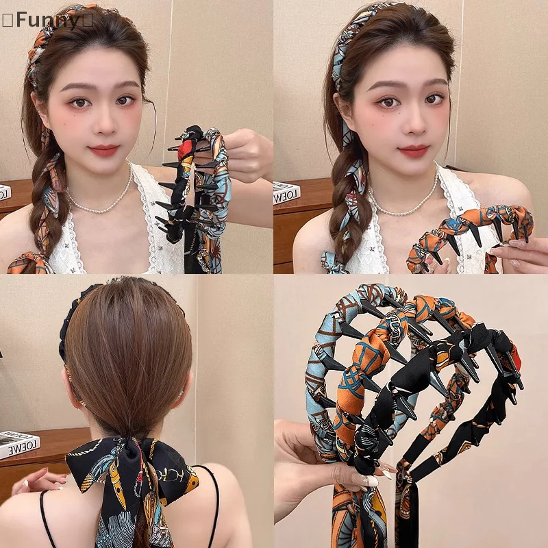 

〔Funny〕Ribbon Comb Headband, Vintage Wave Headband With Floral Ribbon & Comb - Reversible High Crown Effect Hairband