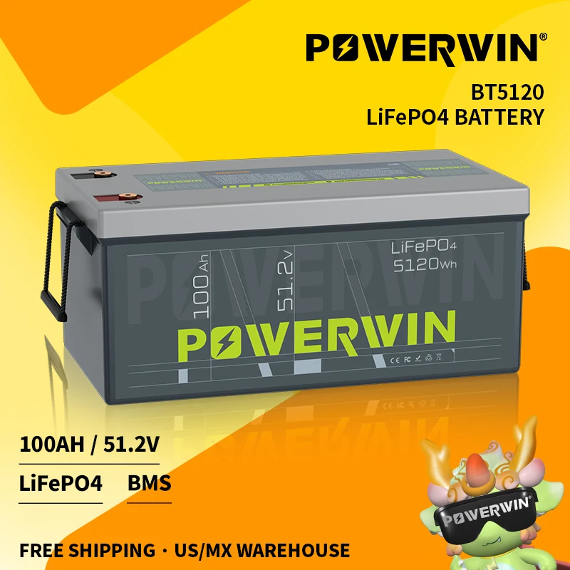 Powerwin Bt5120 Lifepo4 Embutido Bms Ciclos Profundos Solar Recarregável Durável 51.2v 100ah 5120wh Gerador Solar