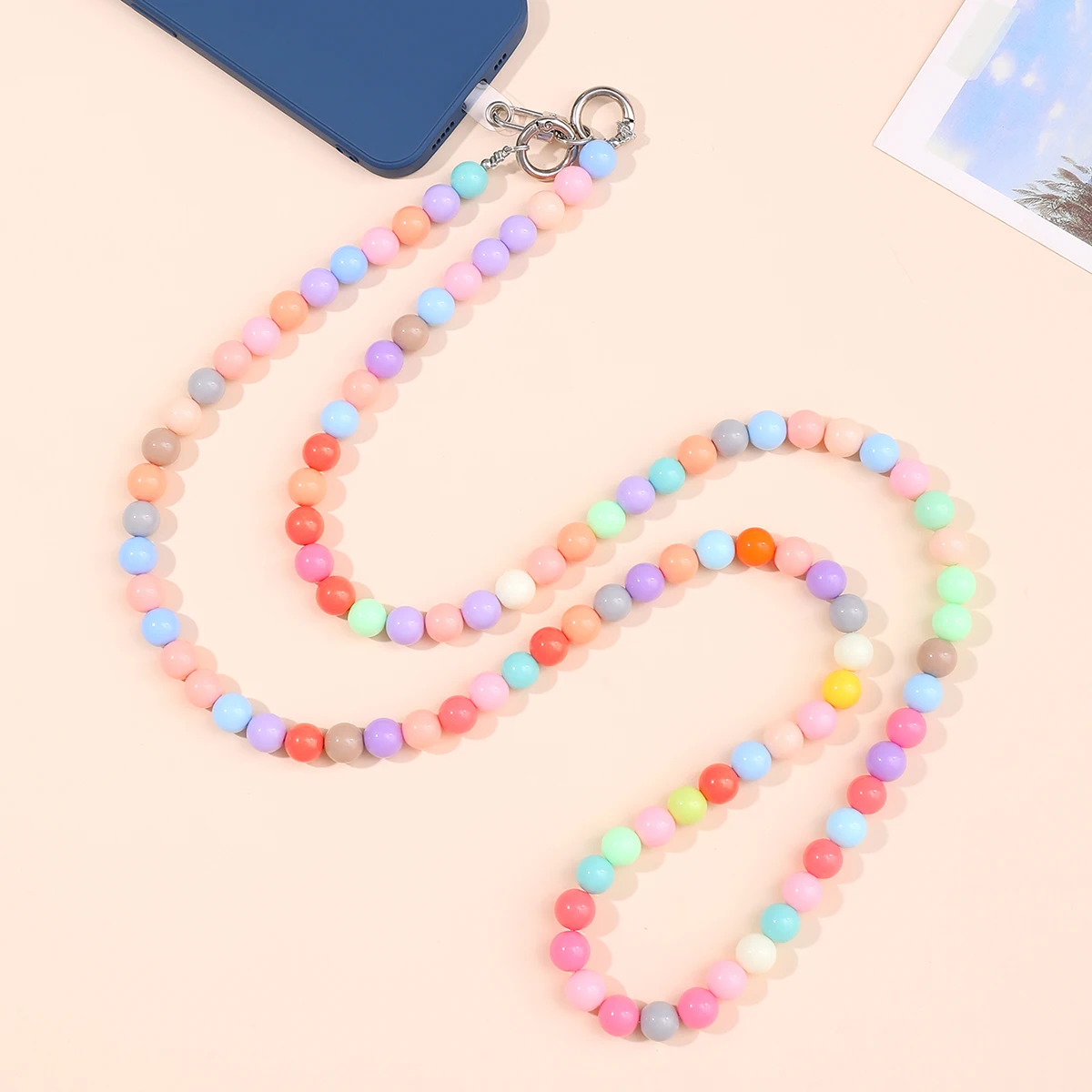 

Colorful Bead Chain Pumpkin Bead Chain Plum Blossom Chain Long Oblique Cross Mobile Phone Strap With Transparent Card