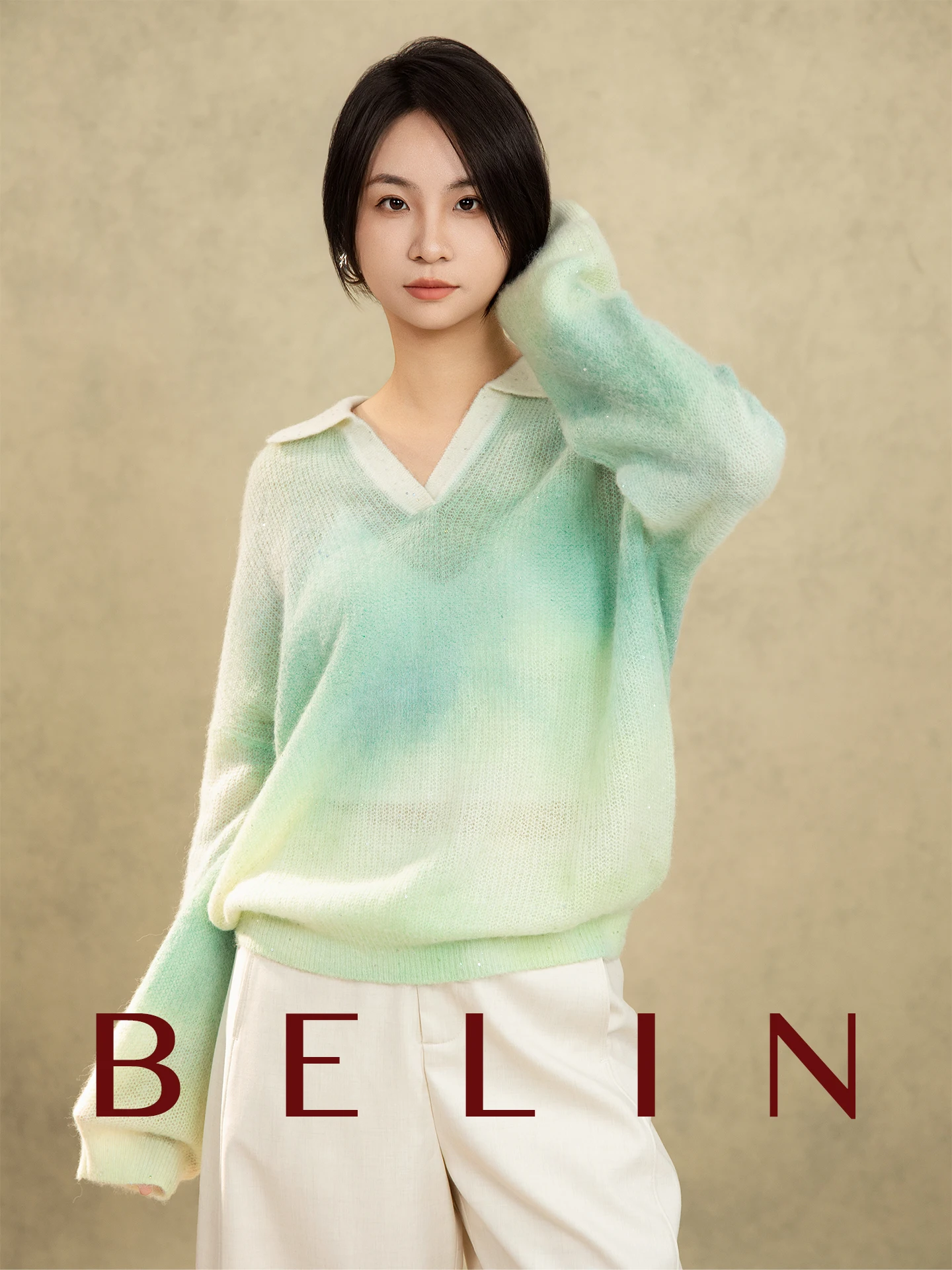 Belin Gradient Color Loose Women's Knitted Sweater Green Field Bead Winter Top Quality Wool Long Sleeve Crew Neck Sweater