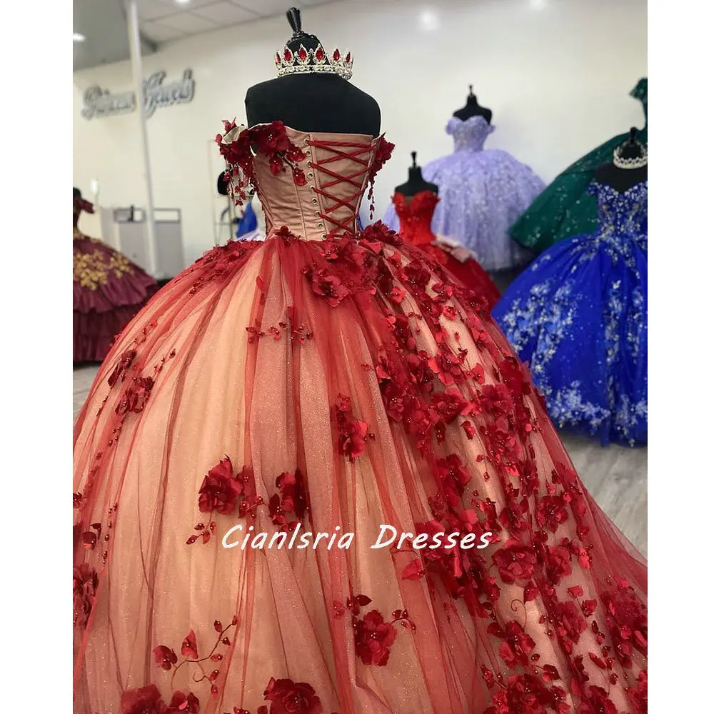 Pérolas vermelhas contas fora do ombro quinceanera vestido de baile flores 3d doce 15 vestidos concurso xv años