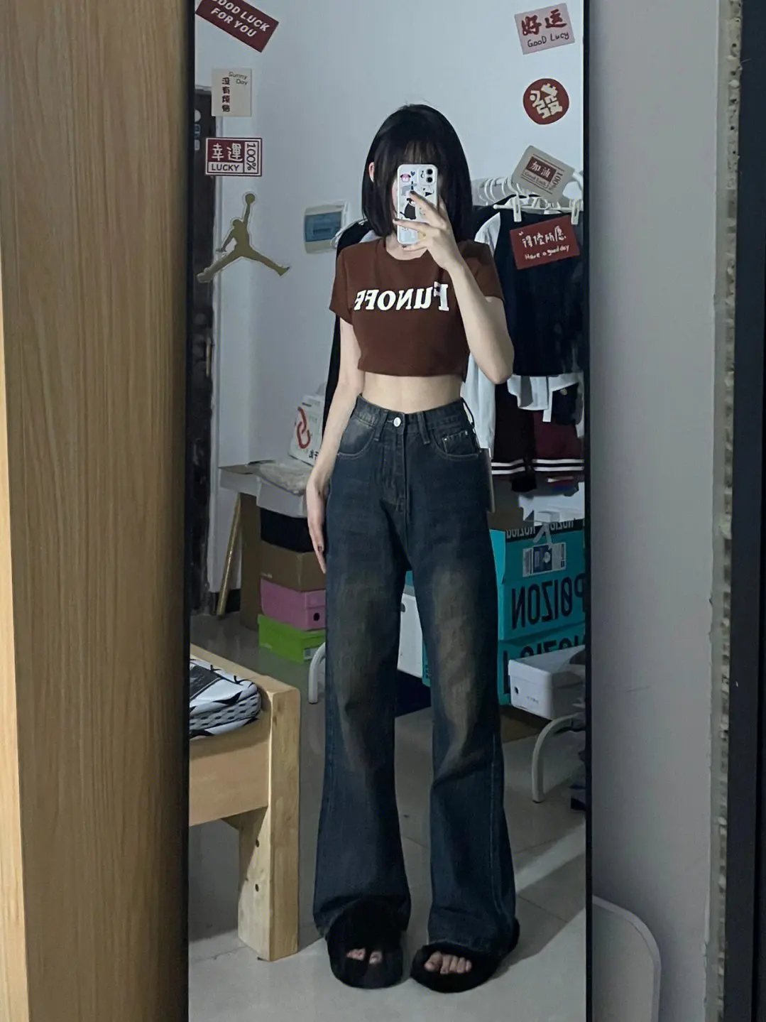 Autumn Women'S Clothing Wide Jeans Woman Stacked Ruffle Pleated Draped Split Slit Asymmetric Detail Side Female Denim Fashion