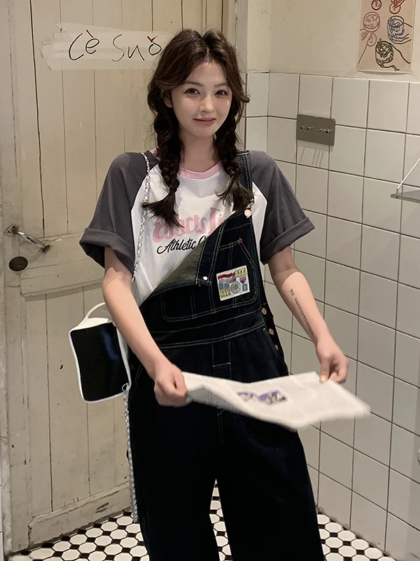 

Женский джинсовый комбинезон с высокой талией в винтажном стиле, свободный прямой крой, корейский повседневный стиль, дышащая ткань