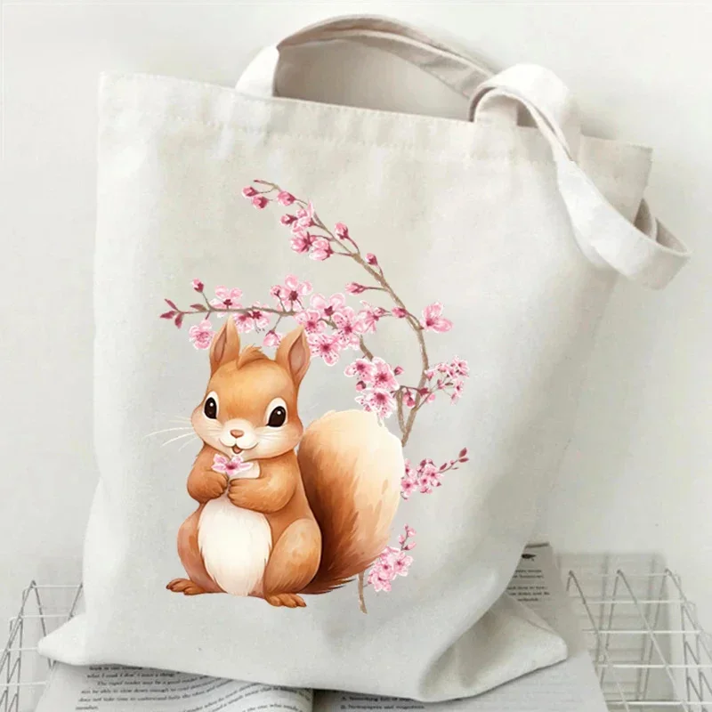 Cute Cherry Blossom Squirrel Print Women Men Shoulder Bags Teenager Cartoon Animal Fashion Trend Travel Beach Bag Female Handbag