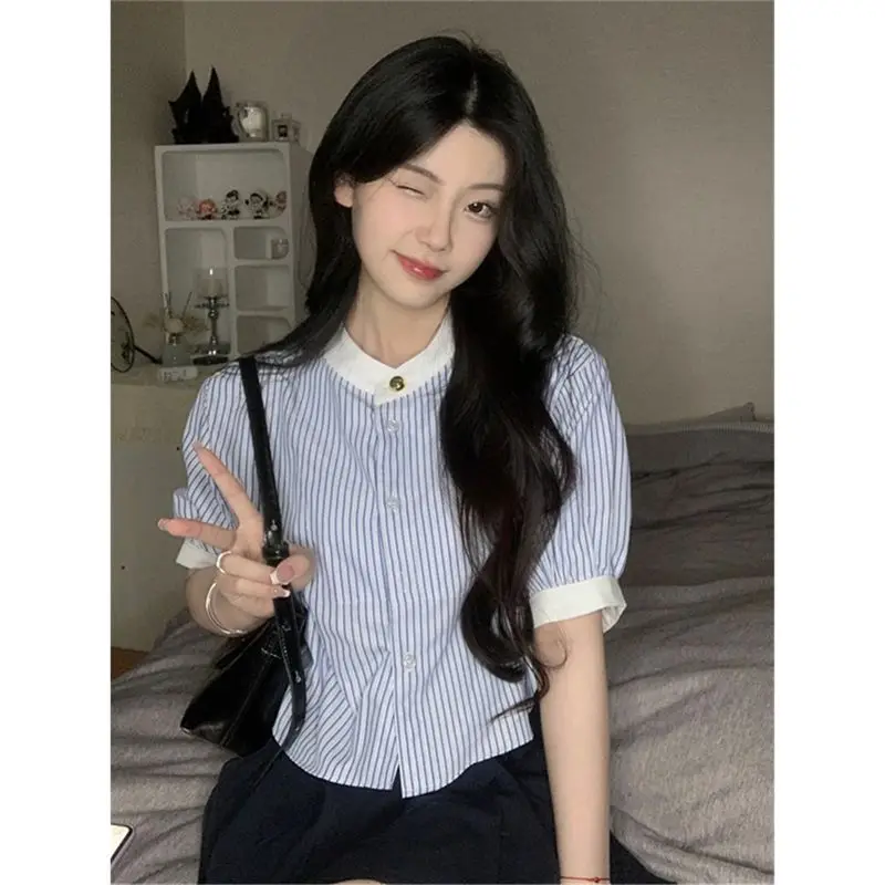 

Blue Striped Shirt Women's French Niche Design Summer College Style Sweet Top