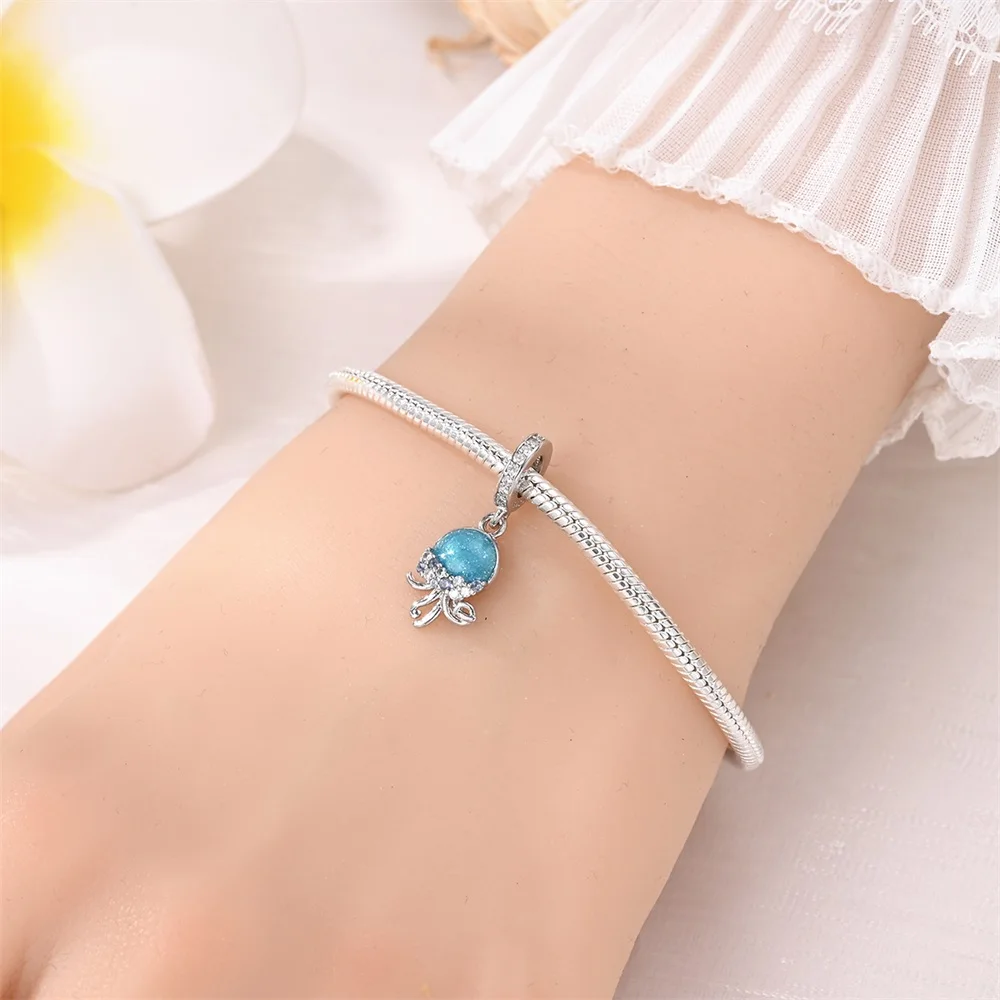 Abalorio de plata de ley 925 con cuentas de océano azul, medusas, ballena, tortuga marina, compatible con Pulsera Original, fabricación de joyas para mujer