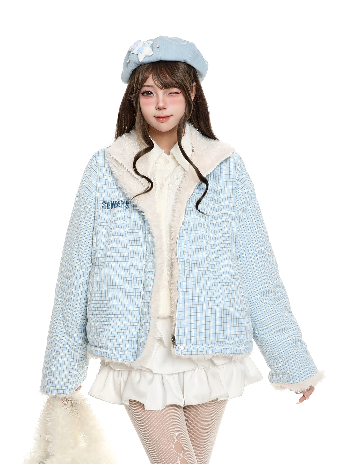 

Корейская двусторонняя клетчатая куртка с капюшоном из хлопка для женщин, зимняя, омолаживающая, свободная, теплая, утепленная, с длинными рукавами, хлопковое пальто