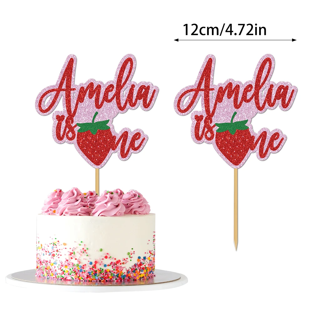 1 Stück Erdbeer-Glitzer-Cupcake-Topper, Foto-Gesichts-Kuchenstecker, glitzernde Erdbeer-Themenfahnen für Geburtstage