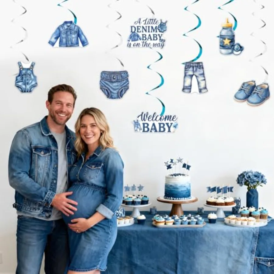 Blue Jean Denim Baby Shower Decorations, 24pcs a Little Denim Baby is On The Way Decorations Hanging Swirls Ceiling Streamers f