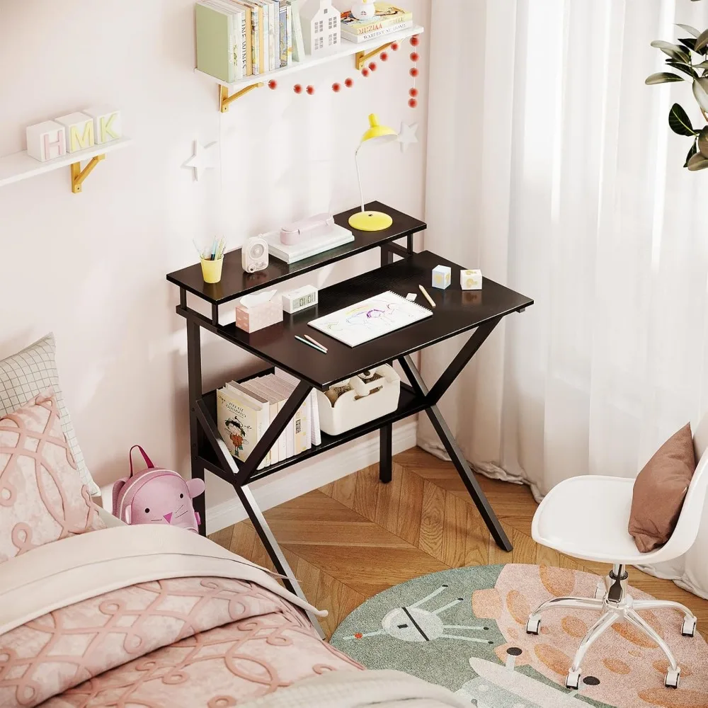 مكتب مدمج مقاس 27.5 بوصة مع مساحة تخزين للمساحات الصغيرة، وطاولة دراسة الكمبيوتر مع حامل شاشة للاستخدام المنزلي والمكاتب #4