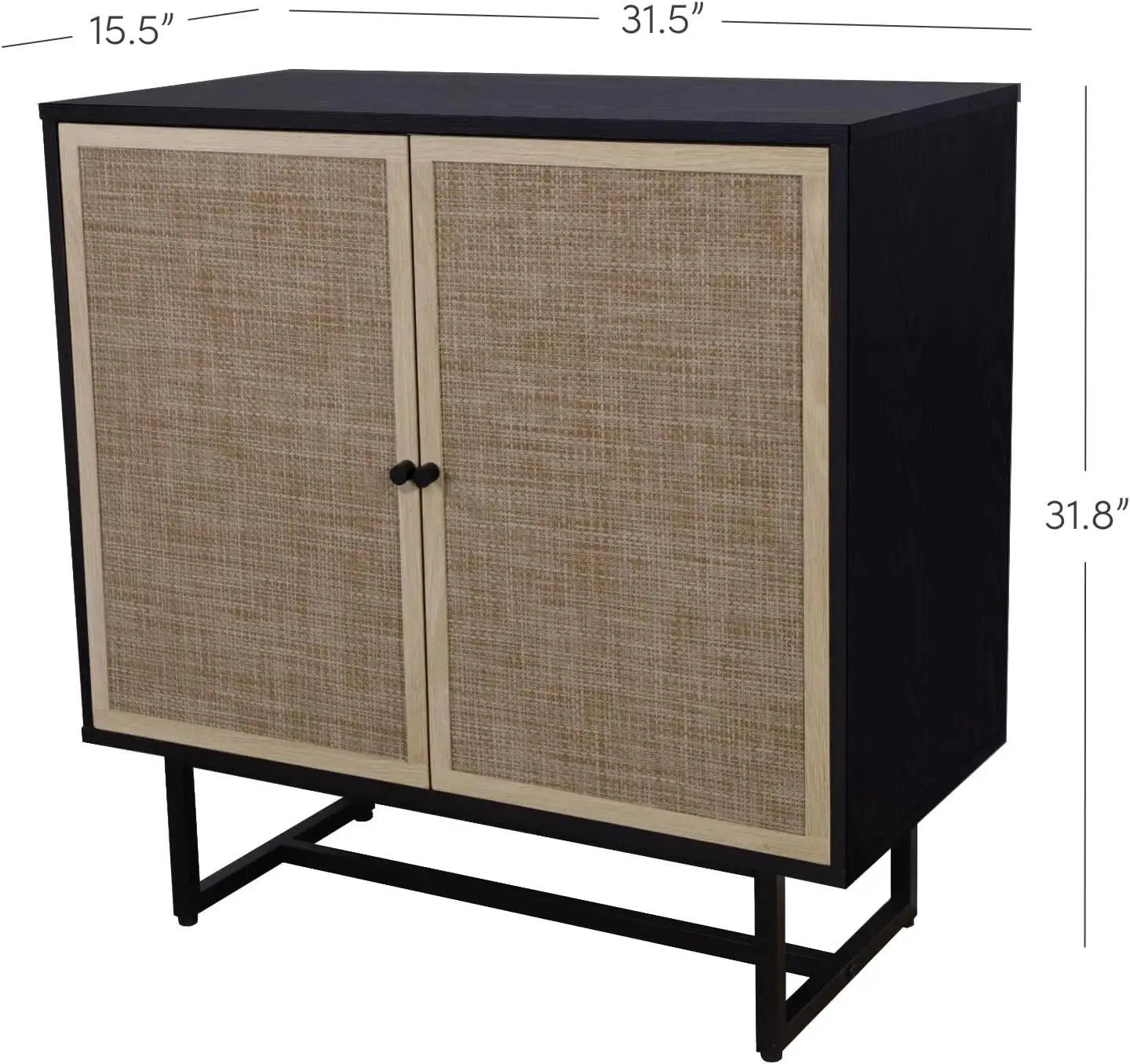 Rattan Wood Accent Sideboard Storage Cabinet with Matte Metal Frame, Adjustable Interior Shelves and Cane Doors, for Hallway, En