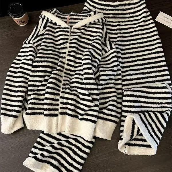 

Winter Striped Pajamas Set Girls Plus Velvet Warm Sleepwear Zipper Long Sleeved Casual Home Clothes Nightgown Wear ﻿