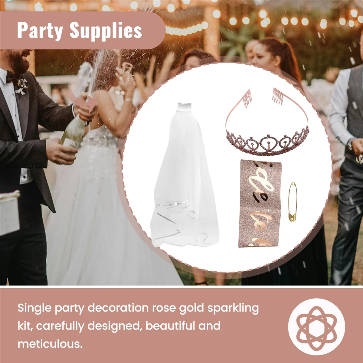 ABQR Украшения для девичника, блестящий комплект из розового золота, принадлежности для свадебного душа, пояс для невесты, вуаль