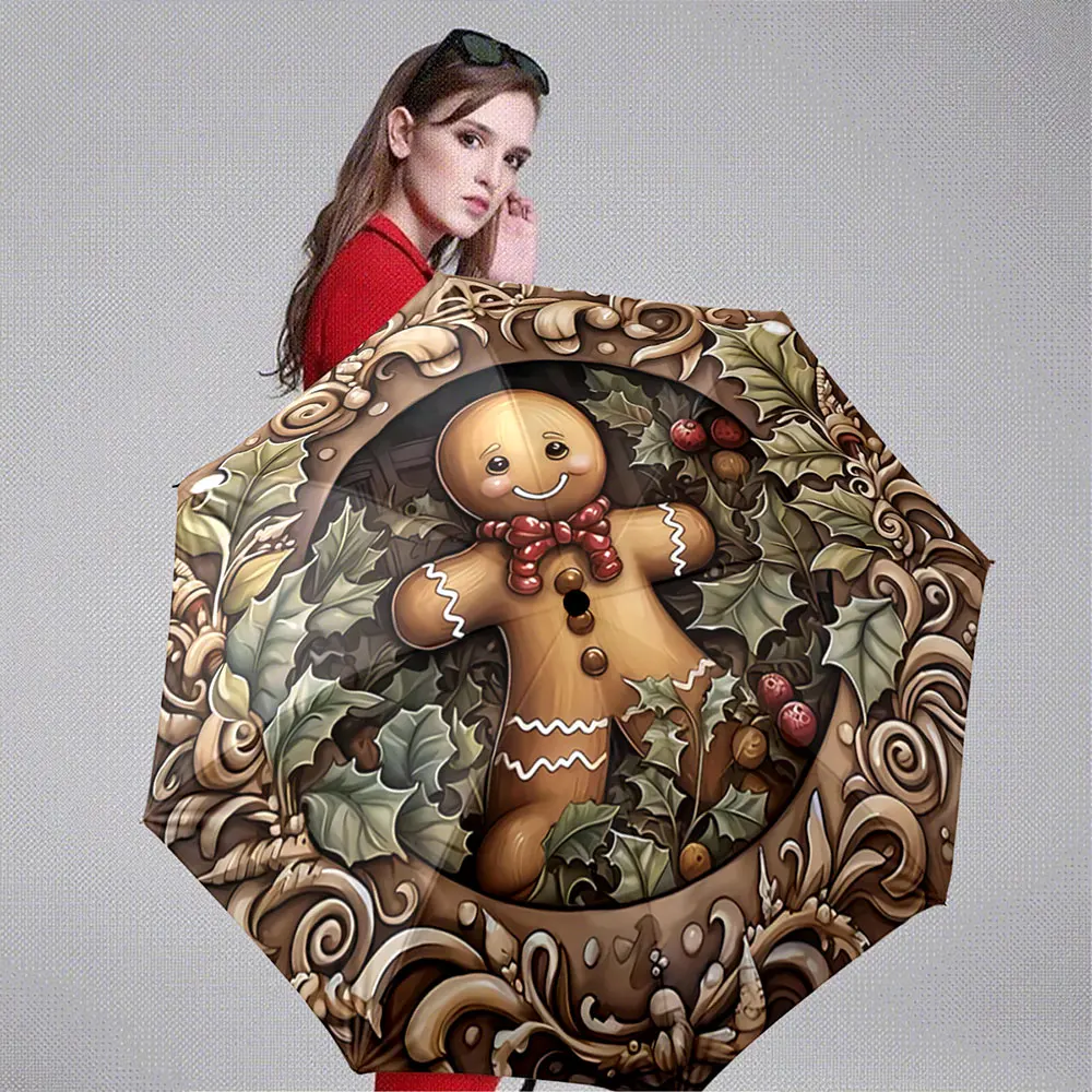 Gingerbread Man with Holly Wreath Christmas Design ,Portable Folding Umbrella, Gift for Family Friends