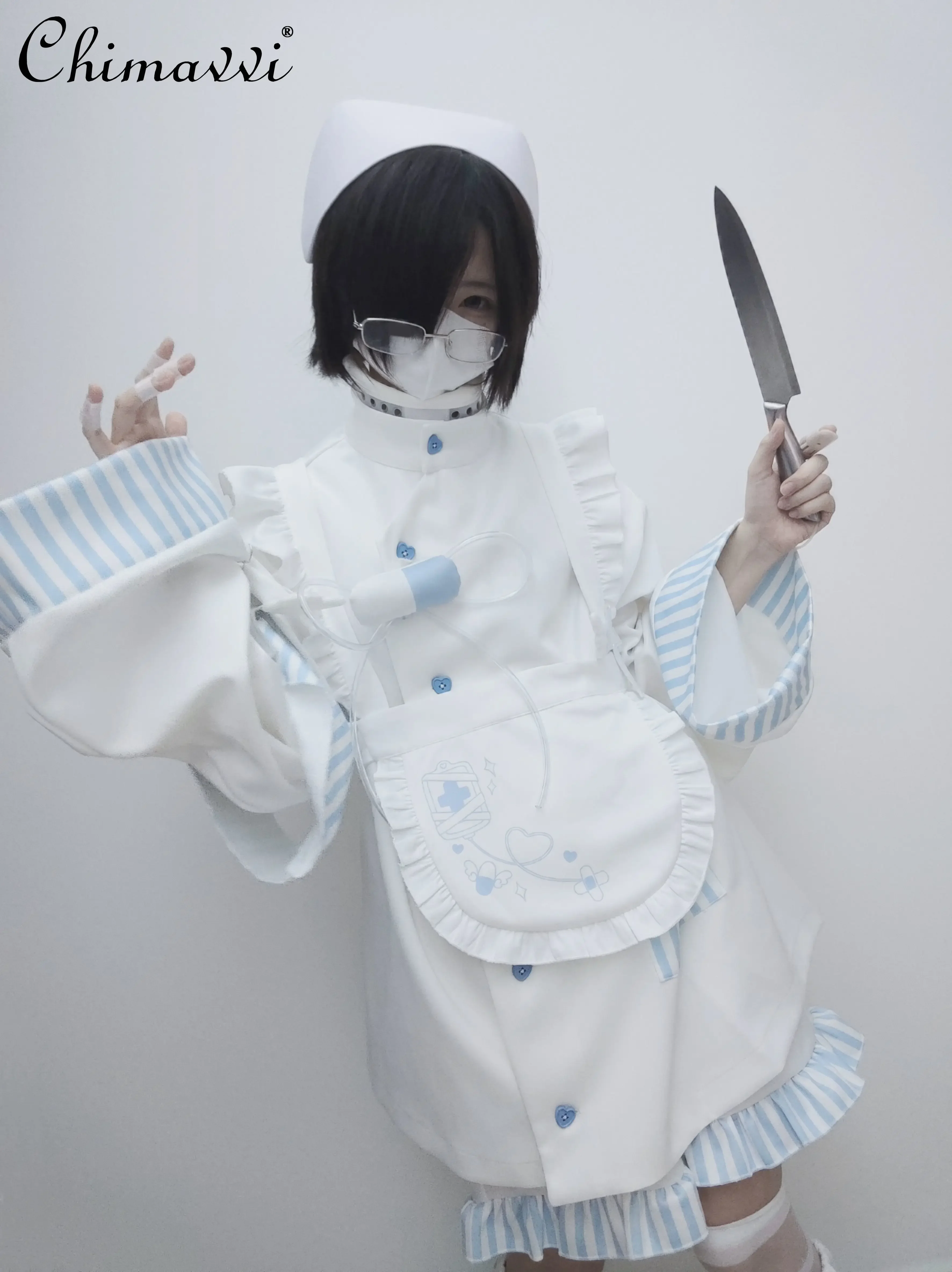 Original Mass-Produced Water Color Loose Coat Apron Girls Y2K Asian Culture Cute Medical Angel Wings Shorts Women's Set Outfits