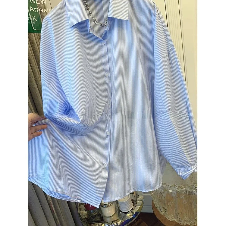 

Blue Striped Loose Fit Slimming Korean Sle Women's irt Autumn 2025 Open Cardigan Top Faionable Unique Ele