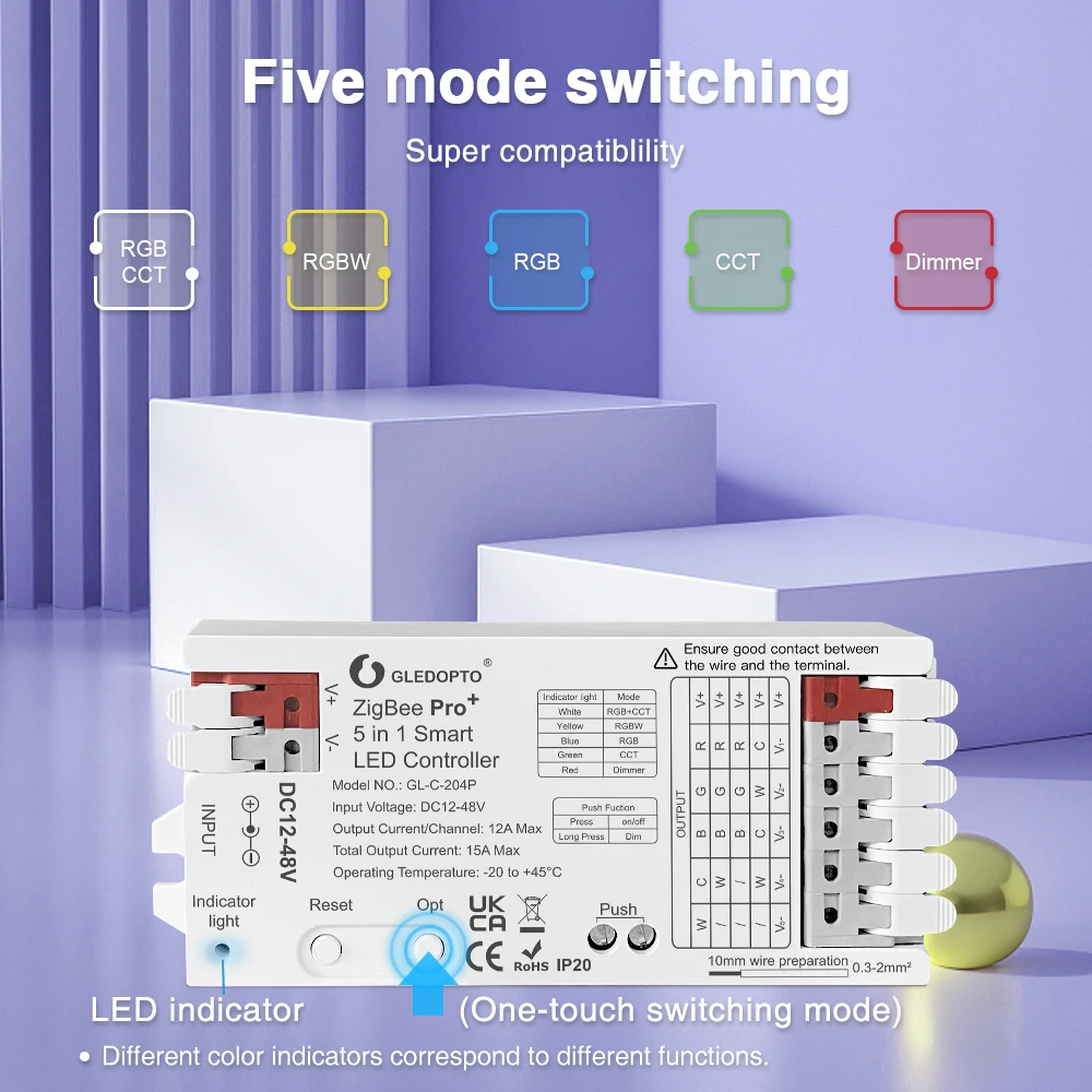 GLEDOPTO ZigBee3.0 Pro LED Controller DC12 - 48V Unveiling 5-in-1 Modes RGBCCT RGBW RGB WW CW Dimmer with Easy Wiring