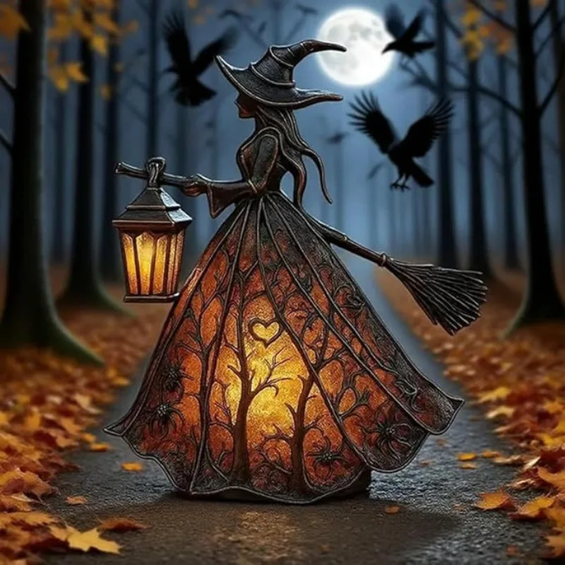 Halloween Resin Witch Floor Lamp Desktop Toy Home Art Decoration Statue Ornament Night Light Bedsides Portable Desk Lamp Bedroom