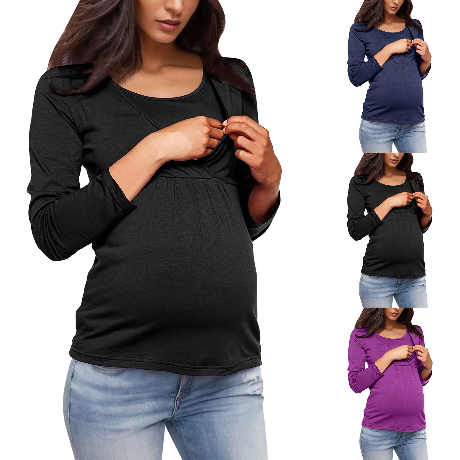 Breastfeeding Womens Maternity Irregular Soild Hem Tee Shirt Casual Long Sleeve Crew Neck Basic Nursed Maternity Tops