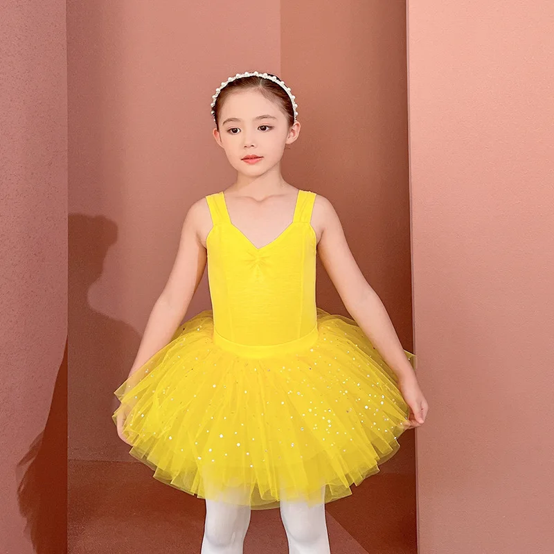 Vestido de Ballet de manga corta para niñas, conjunto de falda de lentejuelas de baile de algodón, trajes de práctica amarillos, leotardos de ballet, body