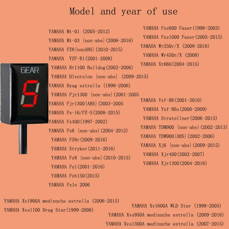 Motorcycle gear display FOR Yamaha XJR400 FZ40 YZF R1 R6 FZ8 Mt03 MT-01 Fzs600  FZ6 Xv1900a Ys250 Xv1600