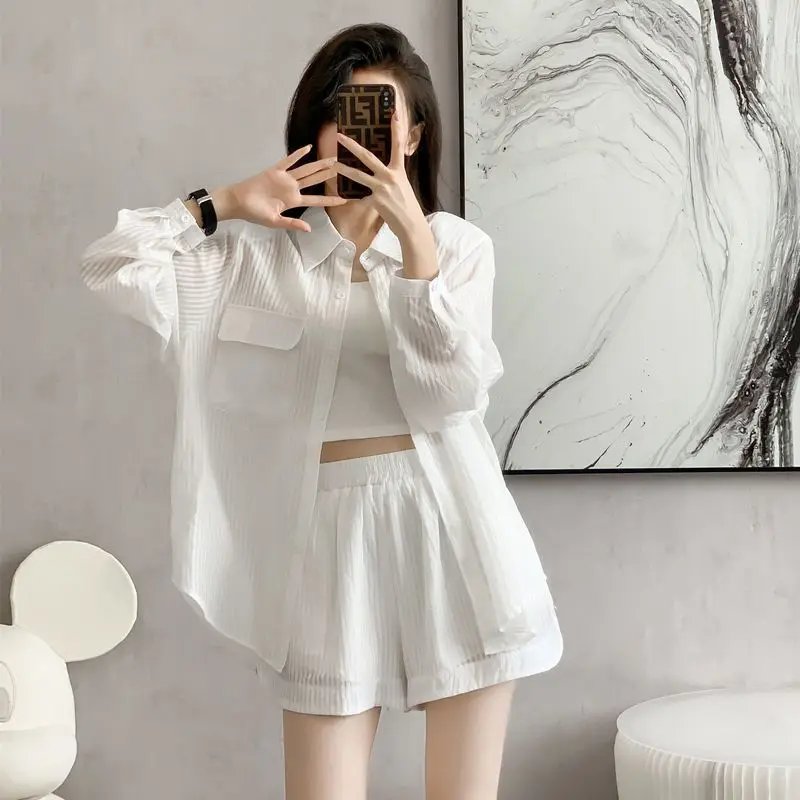 Luxury White Striped Shirt Sun Protection Clothing Casual Sports Suit Spring and Autumn Thin Fashion Shorts Two-piece Set