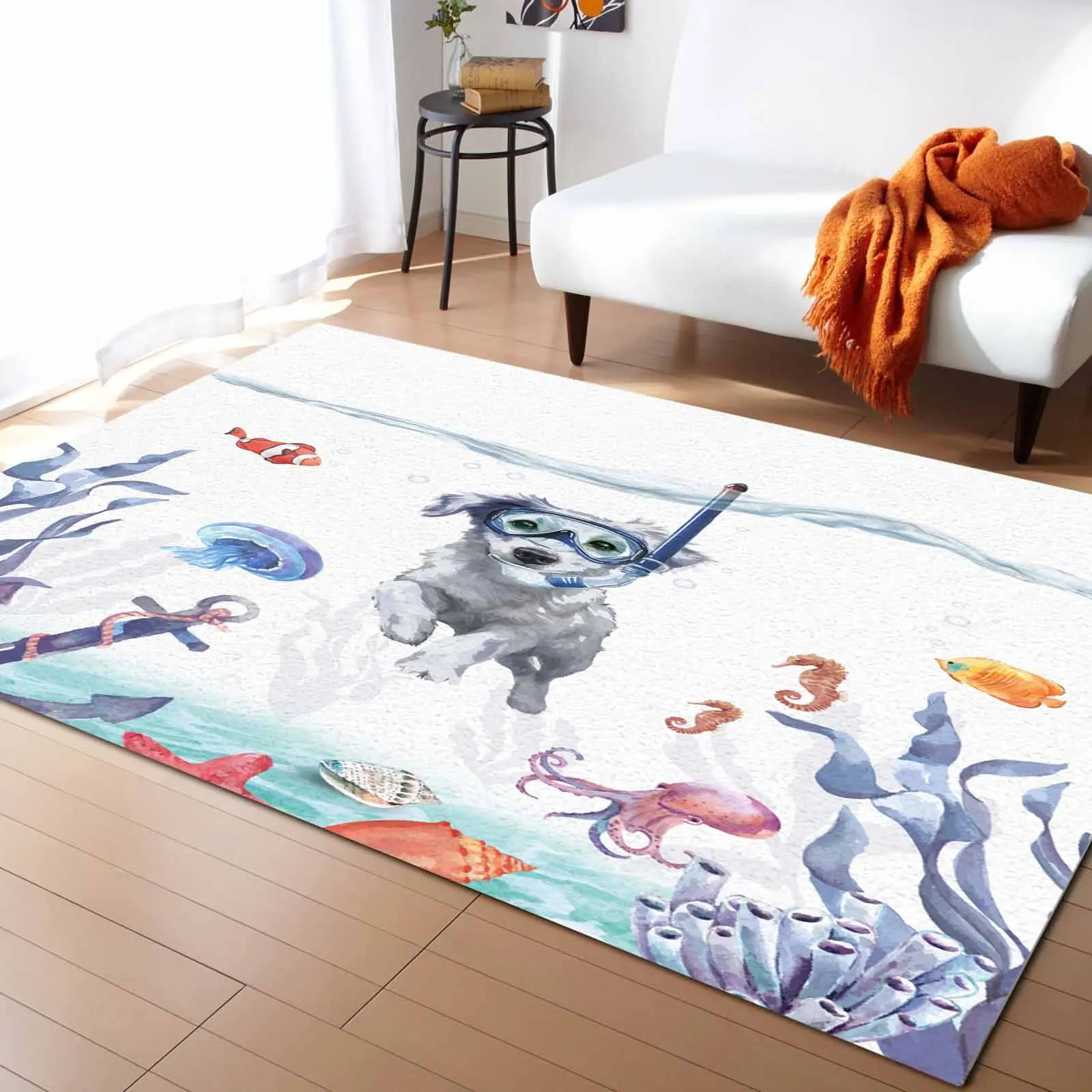 

Ocean Dog Diving Coral Jellyfish Living Room Floor Mat Children's Bedroom Bedside Carpet Kitchen Door